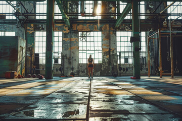 A woman stands in an empty gym with a sign that says ' a ' on it