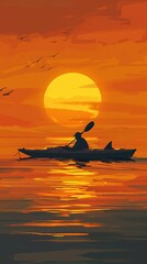 Paddler shark in kayak, serene ocean, golden sunset, tranquil, whimsical voyage, minimalist illustration