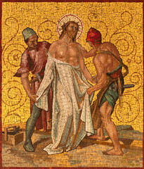 MILAN, ITALY - MARCH 4, 2024: The mosaic Jesus is stripped of his clothes as part of Cross way station in the church Chiesa di San Agostino by unknown artist of 20. cent. - 759319105