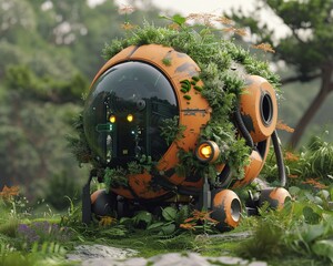 Green-roofed robot, portable oasis, technology meets nature, peaceful, vibrant, octane render