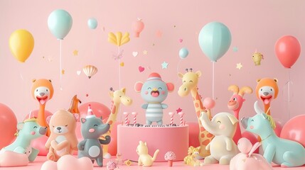 A band of joyful animals bringing the party to life with their performance pastel colors background 3D Animation