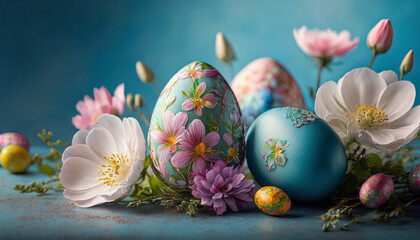 Obraz na płótnie Canvas Easter Celebration: Vibrant Eggs & Decorations on Blue Backdrop, Easter Eggs with Decorations on a Blue Background, Colorful Easter Eggs & Decorations on Blue