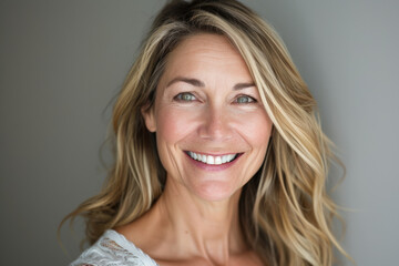 Fototapeta premium A woman with long blonde hair is smiling for the camera