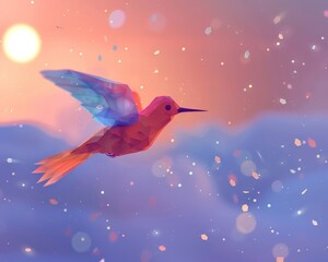 A charming scene of a bird gracefully flying out of outer space low poly pastel color