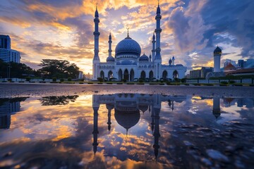 blue sky with beautiful clouds, reflection of the mosque in water puddle at sunset, kuala lumpur mosque in the background - obrazy, fototapety, plakaty