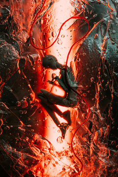 The composition is a human figure in an artificial tank.