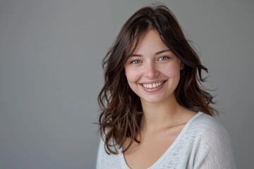 Fototapeta premium A woman with brown hair and green eyes smiles for the camera