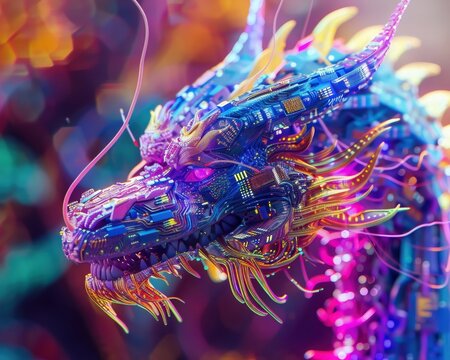 A mythical dragon made of circuitry and wires guarding a hidden cache of data bright bold colors 8k