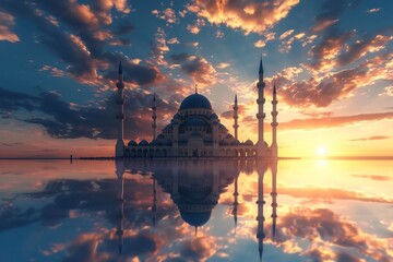 Fototapeta premium blue sky with beautiful clouds, reflection of the mosque in water puddle at sunset, kuala lumpur mosque in the background