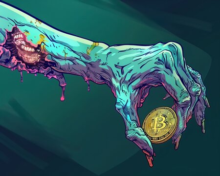 A zombie arm delicately clutching a shiny Bitcoin coin cute animation