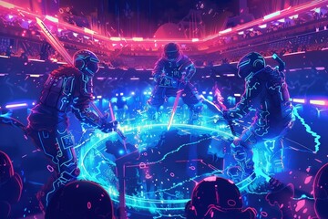 Fototapeta na wymiar Neon warriors showcasing their combat skills in a neon-lit arena cute animation
