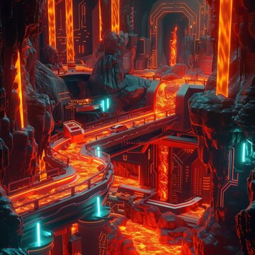 Hackers immersed in the fiery depths of lava hell neon track 3d isomatic bakery