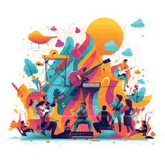Vibrant music festival with characters dancing to a - obrazy, fototapety, plakaty