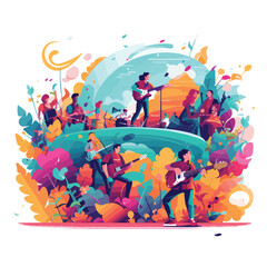 Vibrant music festival with characters dancing to a