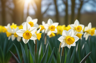 Fototapeta premium Many beautiful Daffodil flowers in spring on a sunny summer day in the field meadow
