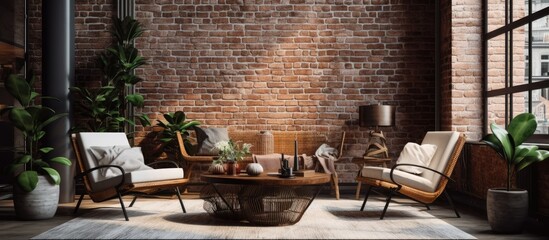 Rustic lounge with rattan armchair, coffee table, brick walls, and industrial interior design. - obrazy, fototapety, plakaty