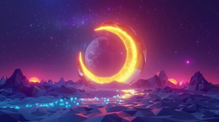 Naklejka premium The sun and moon locked in a delicate dance low poly futuristic neon