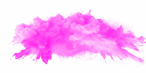 Pink holi paint color powder. Abstract pink dust explosion on white background. Pink holi paint color powder festival explosion burst isolated white background. Pink vibrant rainbow Holi paint color.	