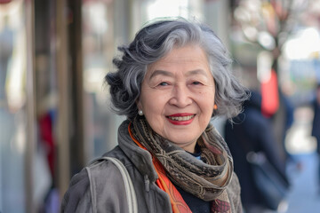 Fototapeta premium A woman with gray hair and red lipstick smiles for the camera