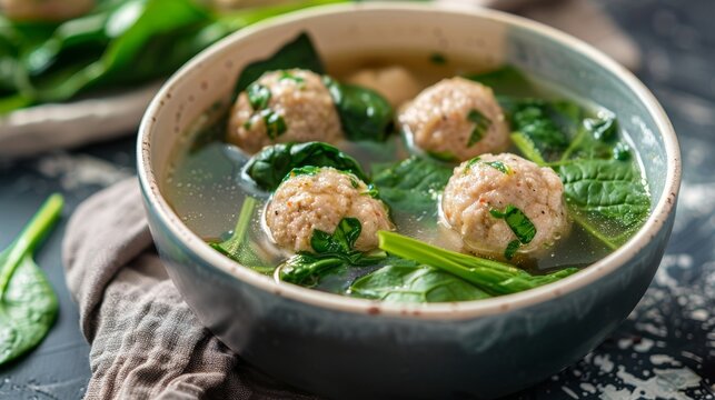 A clean and inviting image of spinach and pork meatball soup for a baby food recipe, set against a minimalist background