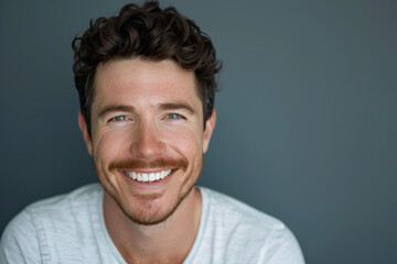 Fototapeta premium A man with curly hair and a beard smiles for the camera