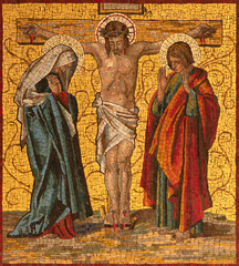 MILAN, ITALY - MARCH 4, 2024: The mosaic of Crucifixion as part of Cross way station in the church Chiesa di San Agostino by unknown artist of 20. cent. - 759321917