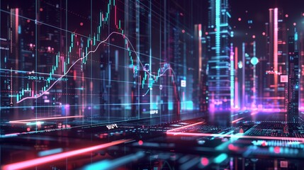 A high-tech, cyberpunk-inspired forex chart, with neon lights illuminating the intricate web of trading lines crisscrossing against a dark, futuristic cityscape. The chart features interactive element - obrazy, fototapety, plakaty