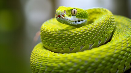 Fototapeta premium A mesmerizing close-up of a vibrant green snake, coiled and ready to strike, set against a softly blurred natural background. This hyper-realistic image captures the intricate scales of the snake