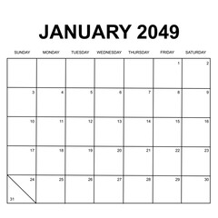 january 2049. monthly calendar design. week starts on sunday. printable, simple, and clean vector design isolated on white background.
