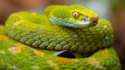 Obraz premium A mesmerizing close-up of a vibrant green snake, coiled and ready to strike, set against a softly blurred natural background. This hyper-realistic image captures the intricate scales of the snake