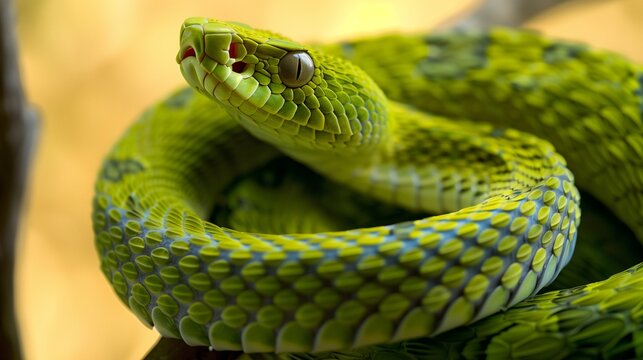 A mesmerizing close-up of a vibrant green snake, coiled and ready to strike, set against a softly blurred natural background. This hyper-realistic image captures the intricate scales of the snake