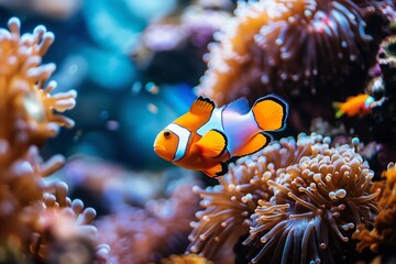 Anemone fish, orange and white clown anemone fish swimming in the sea among corals, close up shot, in the style of National Geographic photo - obrazy, fototapety, plakaty
