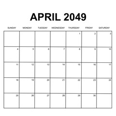 april 2049. monthly calendar design. week starts on sunday. printable, simple, and clean vector design isolated on white background.