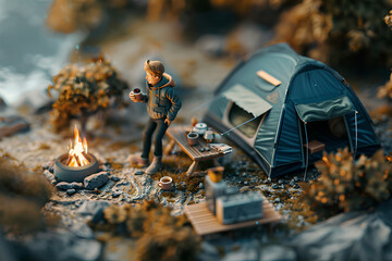 焚き火とテントとソロキャンプの男性（ジオラマ）-2 - obrazy, fototapety, plakaty