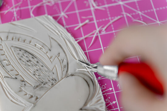 Linocut heart stamp print craft making. Love concept