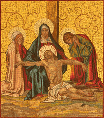 MILAN, ITALY - MARCH 4, 2024: The mosaic of Deposition (Pieta) as part of Cross way station in the church Chiesa di San Agostino by unknown artist of 20. cent. - 759322943