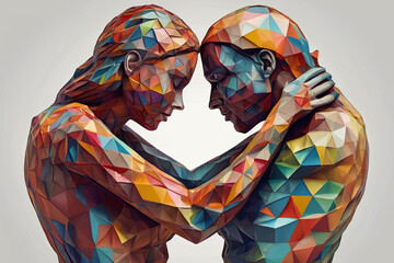 Abstract couple forms heart with multicolored geometric figures. Love, relationships, abstract art. 