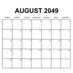 august 2049. monthly calendar design. week starts on sunday. printable, simple, and clean vector design isolated on white background.