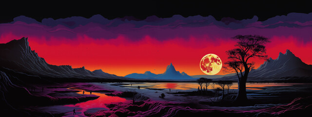 Eerie Red Moonrise over Lava Flow Landscape