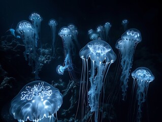 An otherworldly underwater vista unveiling a swarm of luminous Chrysaora pacifica jellyfish drifting gracefully through the dark