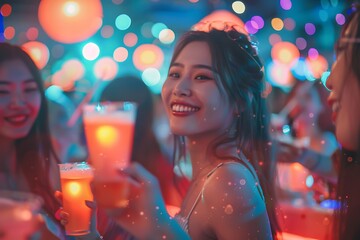 group of young girl happy dancing party hand holding a drink. lifestyle women young asian enjoyment...