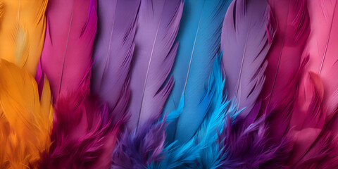 A colorful display of feathers, colorful feathers pattern, Vibrant colorful pattern background texture of color feathers decoration, Exquisite Color, Generative AI