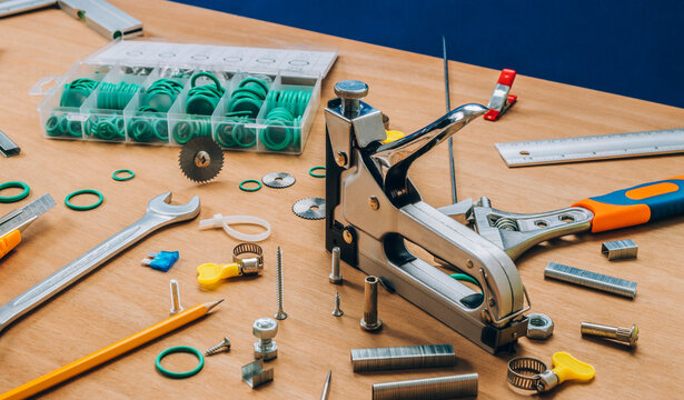 Workshop tools on wooden desk