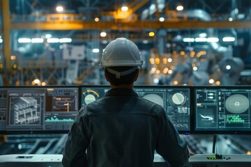 A Back view of an engineer with a hard hat looking at the digital interface of an automated production line in a modern factory.