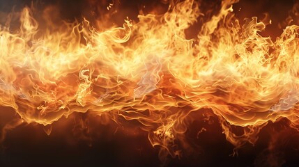 An ultra-realistic and high-resolution image of fire flames, gracefully soaring and swirling against a deep black backdrop. The flames are depicted with an extraordinary level of detail