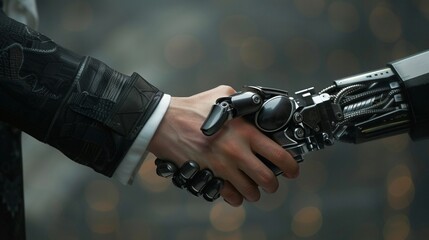 A conceptual image of a human hand and a robot hand in a handshake