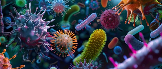 Fototapeta na wymiar A Digital illustration of various viruses and bacteria with surface.