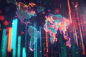 A digital visualization of a global data network featuring financial charts and graphs with a glowing world map. - obrazy, fototapety, plakaty