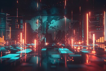 A digital visualization of a global data network featuring financial charts and graphs with a glowing world map.