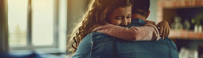 A father and daughter hug in the home for love - obrazy, fototapety, plakaty